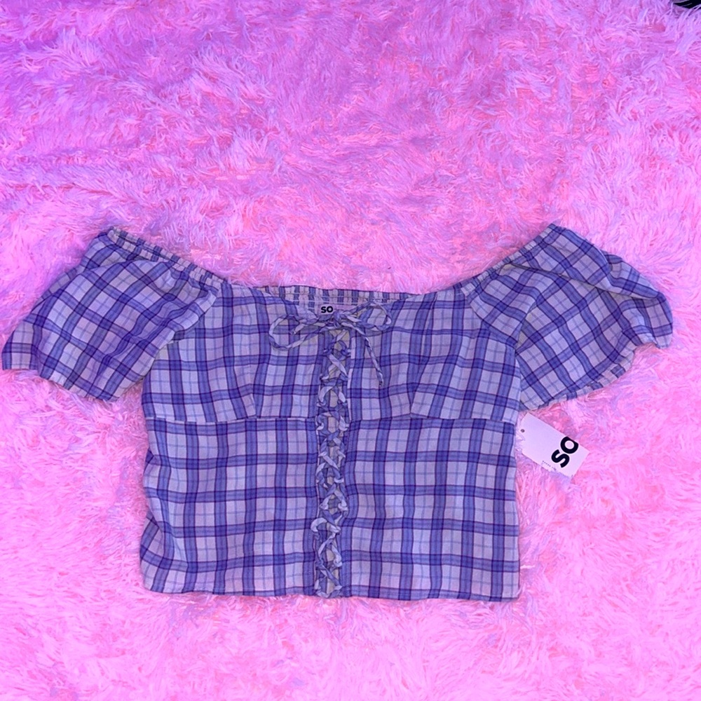 Purple & cream plaid off the shoulder crop top